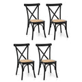Set of 4 Rubber Wood Dining Chairs with Rattan Seat and X-Shape Support - Black