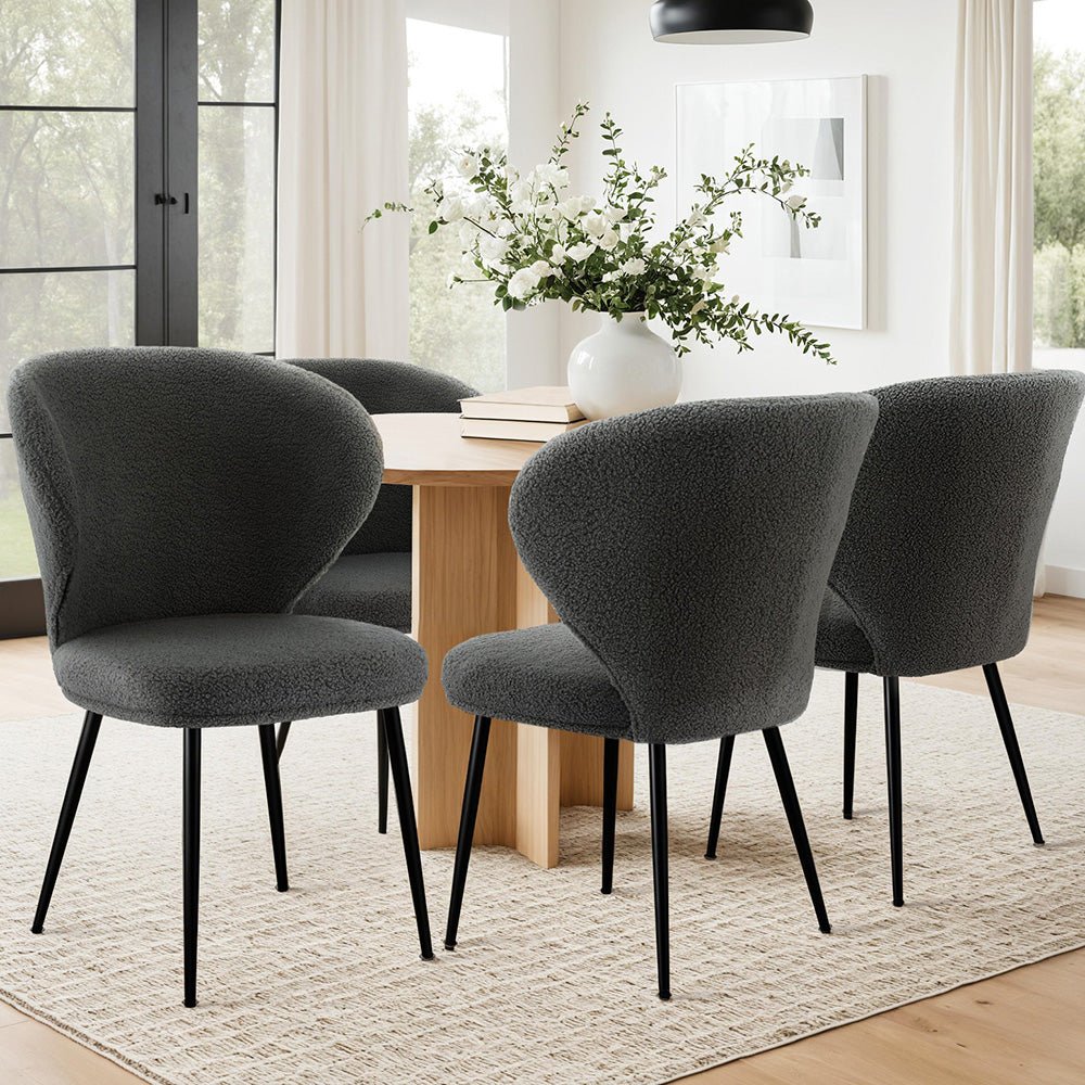 4x Dining Chairs Sherpa Boucle Wing Back Grey - Furniture > Dining > Kitchen & Dining Chairs - Rivercity House & Home Co. (ABN 18 642 972 209) - Affordable Modern Furniture Australia