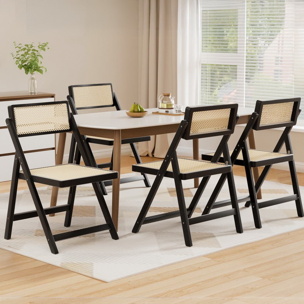 4x Dining Chairs Wooden Rattan Foldable Black - Furniture > Dining > Kitchen & Dining Chairs - Rivercity House & Home Co. (ABN 18 642 972 209) - Affordable Modern Furniture Australia