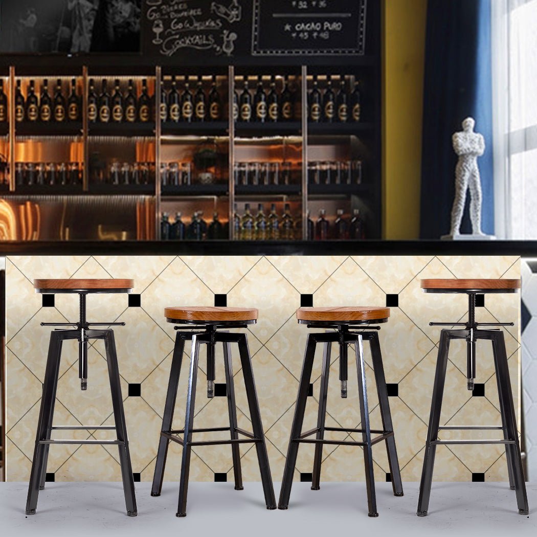 4x Industrial Kitchen Bar Stools with Adjustable Height - Metal & Wood Finish - Rivercity House & Home Co. (ABN 18 642 972 209) - Affordable Modern Furniture Australia