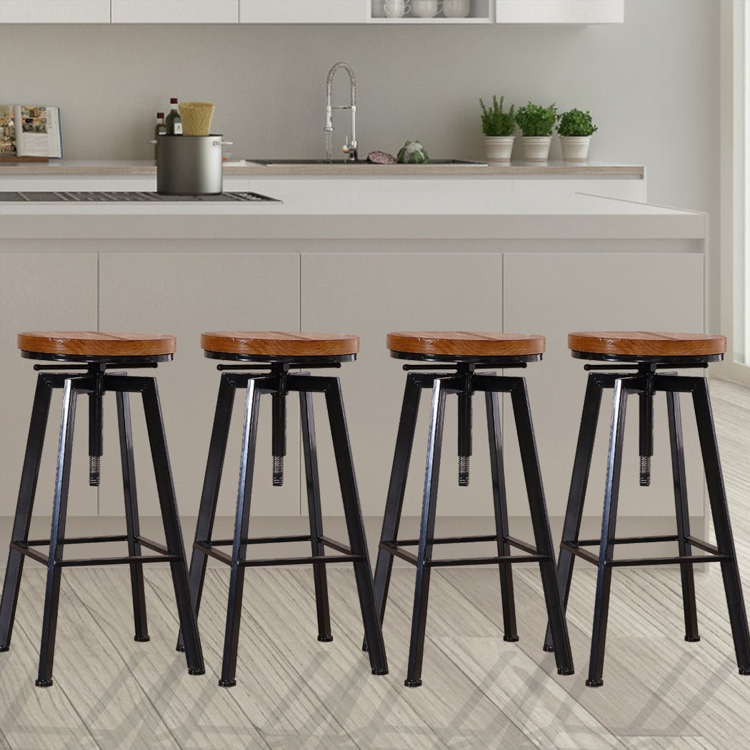 4x Industrial Kitchen Bar Stools with Adjustable Height - Metal & Wood Finish - Rivercity House & Home Co. (ABN 18 642 972 209) - Affordable Modern Furniture Australia