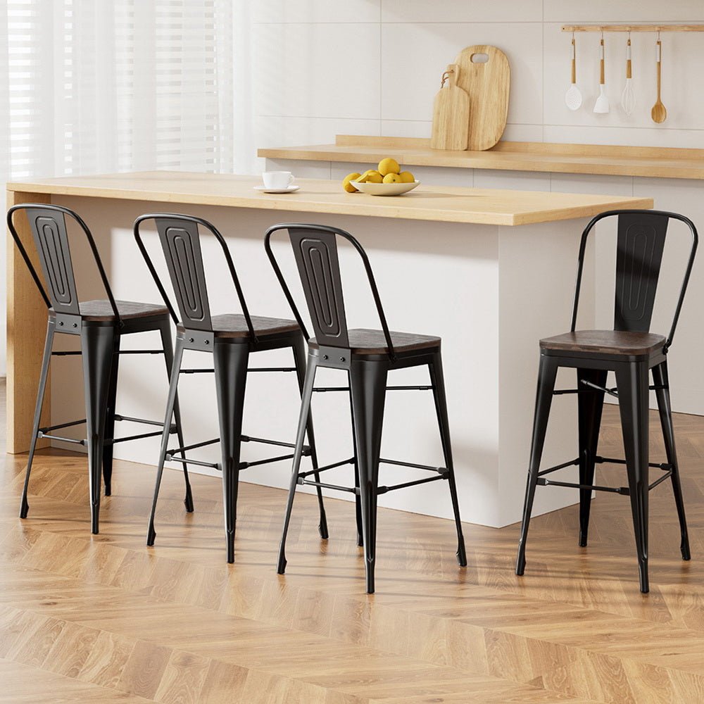 4x Metal Bar Stools Wooden Seat Retro Counter Stool - Furniture > Bar Stools & Chairs > Table & Bar Stools - Rivercity House & Home Co. (ABN 18 642 972 209) - Affordable Modern Furniture Australia