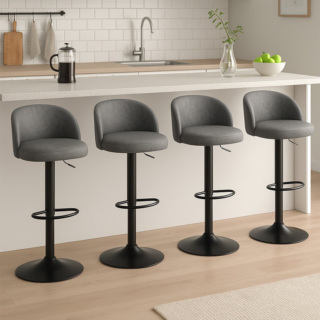 4x PU Leather Swivel Gas Lift Bar Stools with Backrest - Grey - Rivercity House & Home Co. (ABN 18 642 972 209) - Affordable Modern Furniture Australia