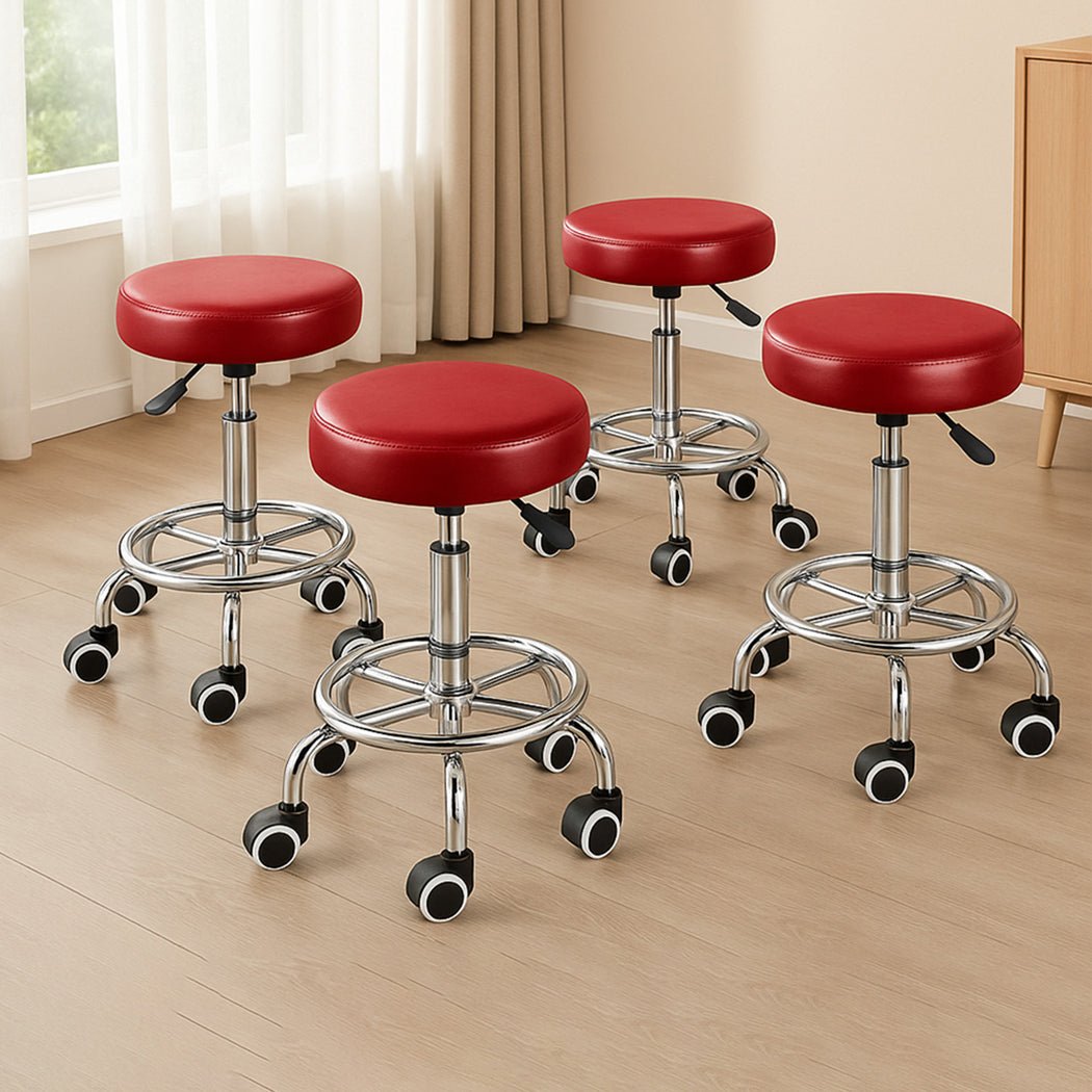 4x Swivel Salon Barber Stools with Wheels and Height Adjustment - Burgundy - Rivercity House & Home Co. (ABN 18 642 972 209) - Affordable Modern Furniture Australia