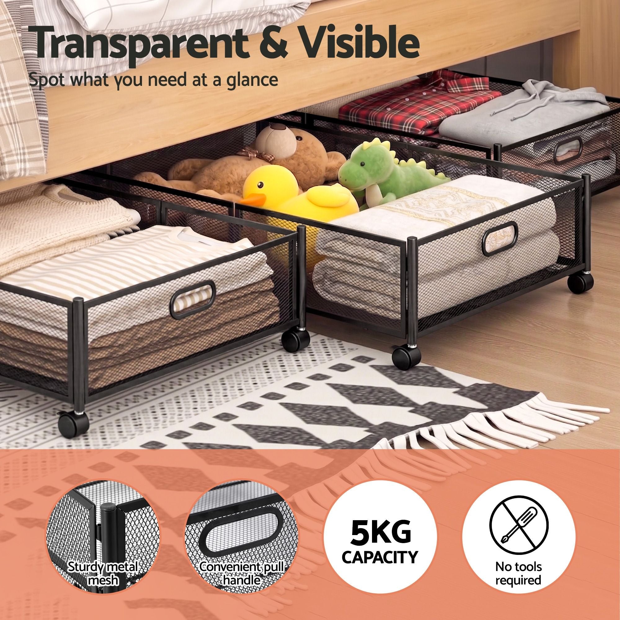 4X Under Bed Storage Containers Metal Boxes Quilt Organiser with Wheels - Home & Garden > Storage > Storage Boxes - Rivercity House & Home Co. (ABN 18 642 972 209) - Affordable Modern Furniture Australia