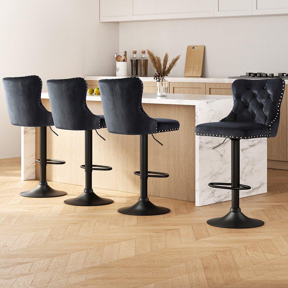 4x Velvet Bar Stool Adjustable Height Nailhead Trim Kitchen Counter Stool - Furniture > Bar Stools & Chairs > Table & Bar Stools - Rivercity House & Home Co. (ABN 18 642 972 209) - Affordable Modern Furniture Australia