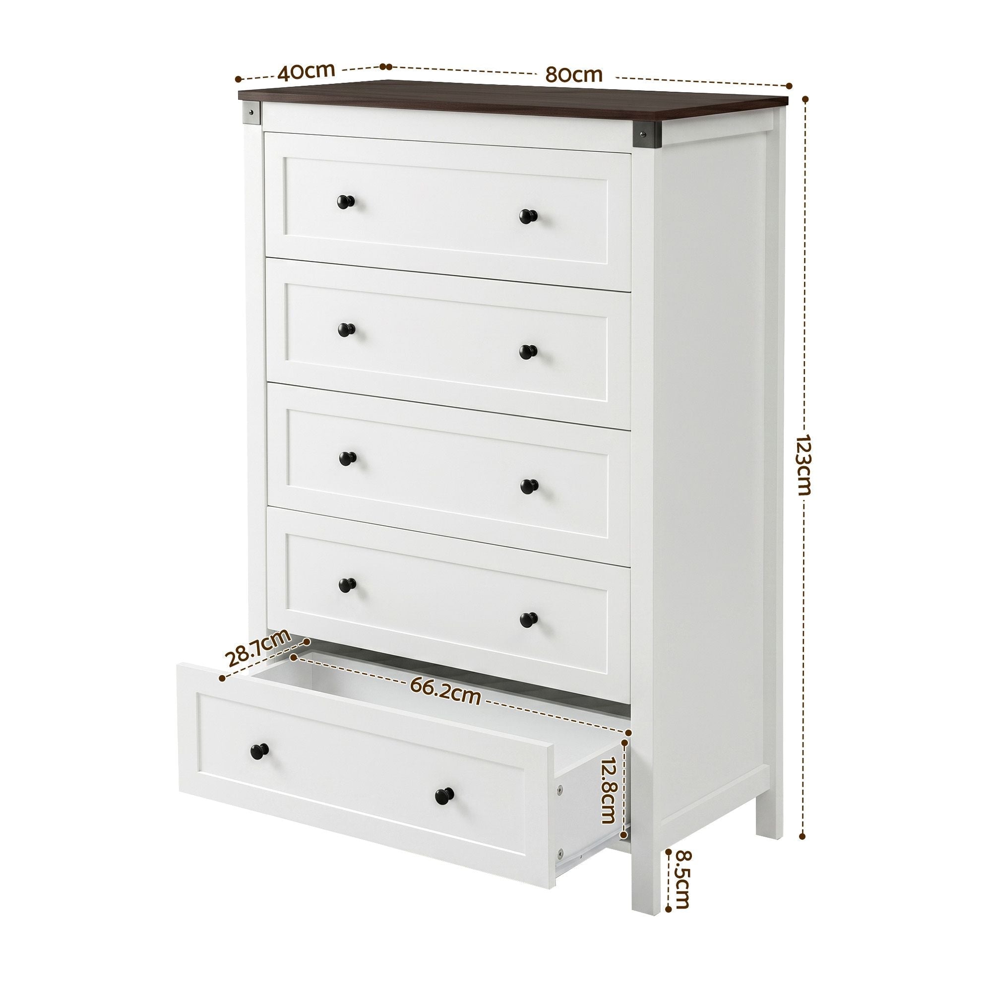 5 Chest of Drawers Storage Tallboy White & Walnut - Furniture > Bedroom > Dressers - Rivercity House & Home Co. (ABN 18 642 972 209) - Affordable Modern Furniture Australia