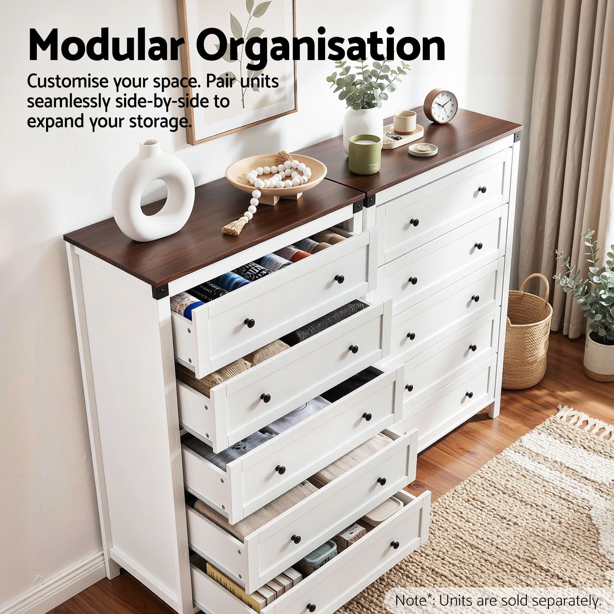 5 Chest of Drawers Storage Tallboy White & Walnut - Furniture > Bedroom > Dressers - Rivercity House & Home Co. (ABN 18 642 972 209) - Affordable Modern Furniture Australia