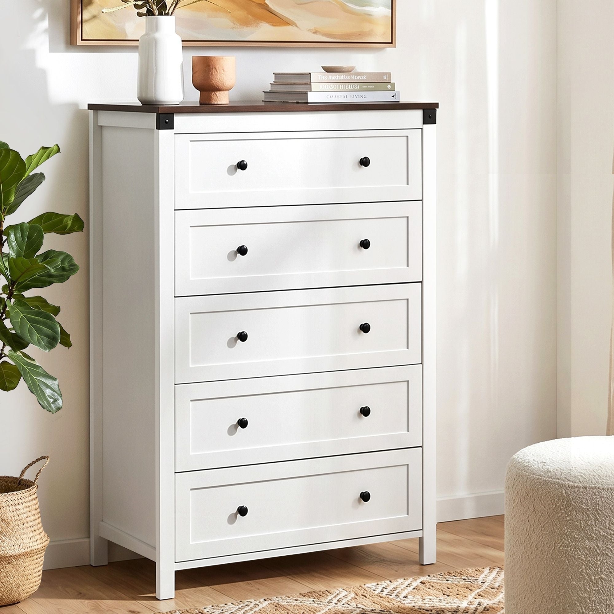 5 Chest of Drawers Storage Tallboy White & Walnut - Furniture > Bedroom > Dressers - Rivercity House & Home Co. (ABN 18 642 972 209) - Affordable Modern Furniture Australia