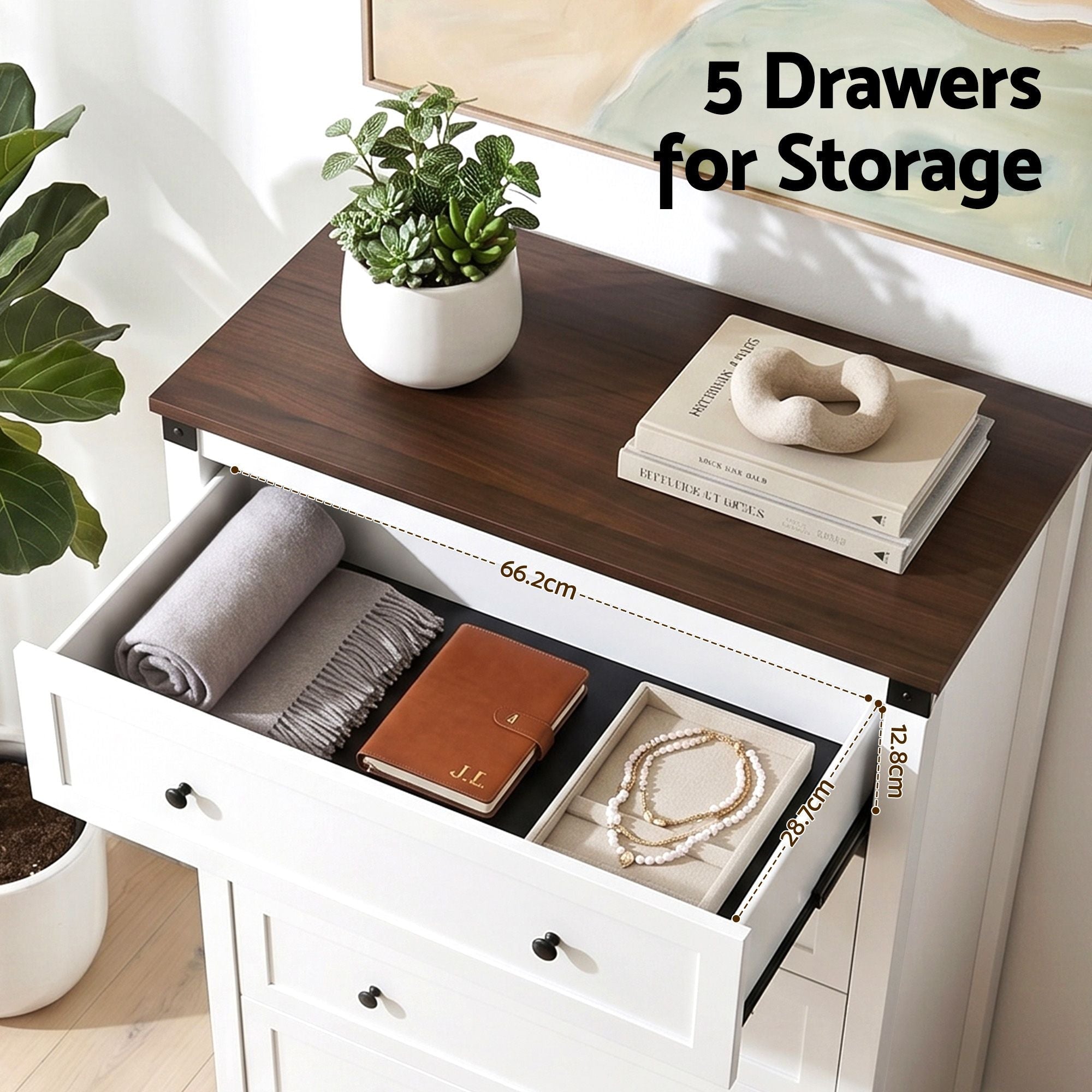 5 Chest of Drawers Storage Tallboy White & Walnut - Furniture > Bedroom > Dressers - Rivercity House & Home Co. (ABN 18 642 972 209) - Affordable Modern Furniture Australia