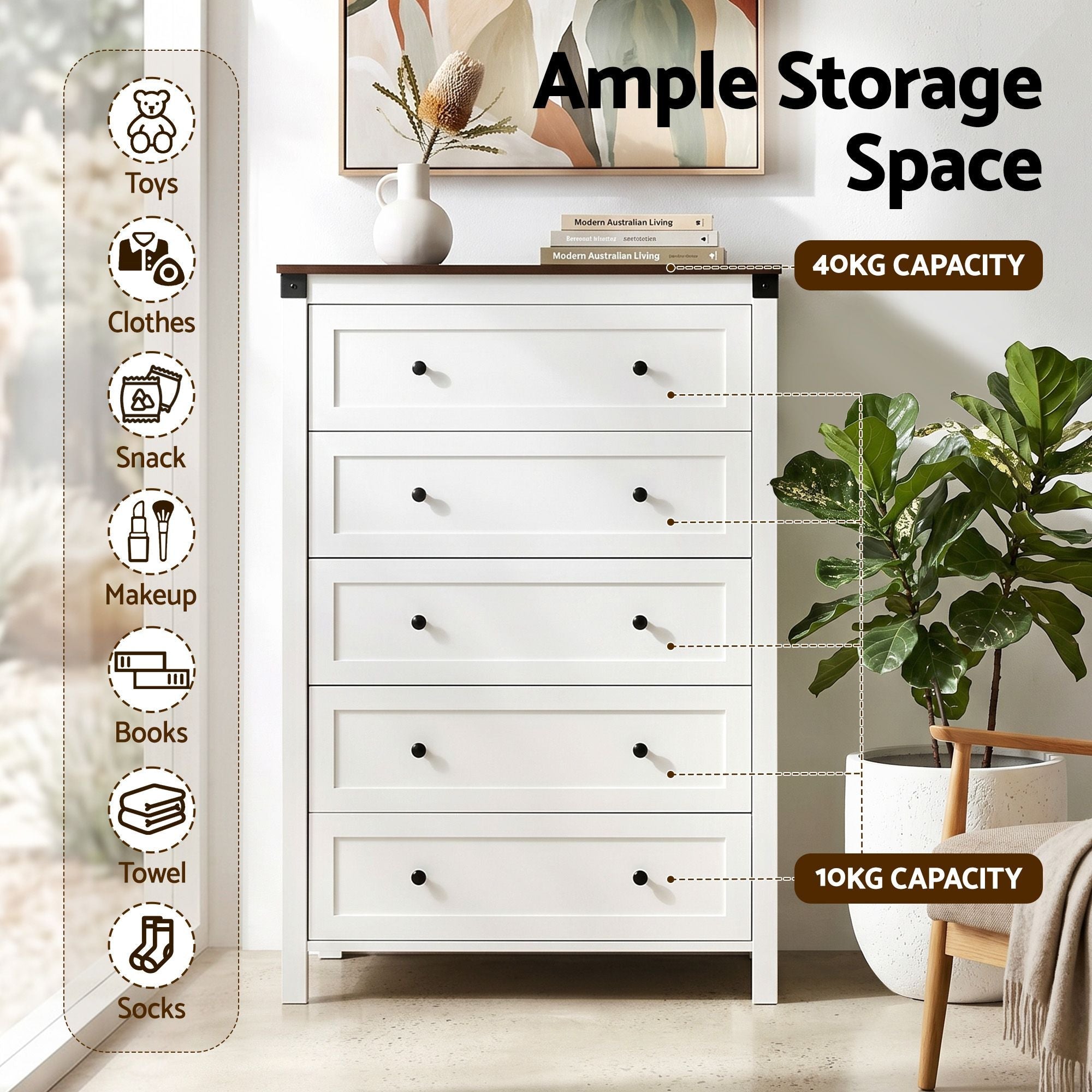 5 Chest of Drawers Storage Tallboy White & Walnut - Furniture > Bedroom > Dressers - Rivercity House & Home Co. (ABN 18 642 972 209) - Affordable Modern Furniture Australia