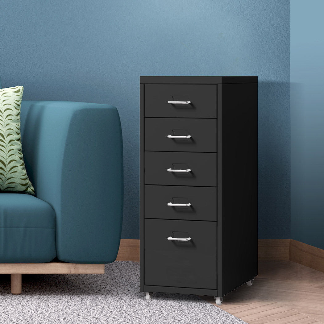 5 Drawer Steel Office Filing Cabinet with Label Holders - Black - Rivercity House & Home Co. (ABN 18 642 972 209) - Affordable Modern Furniture Australia