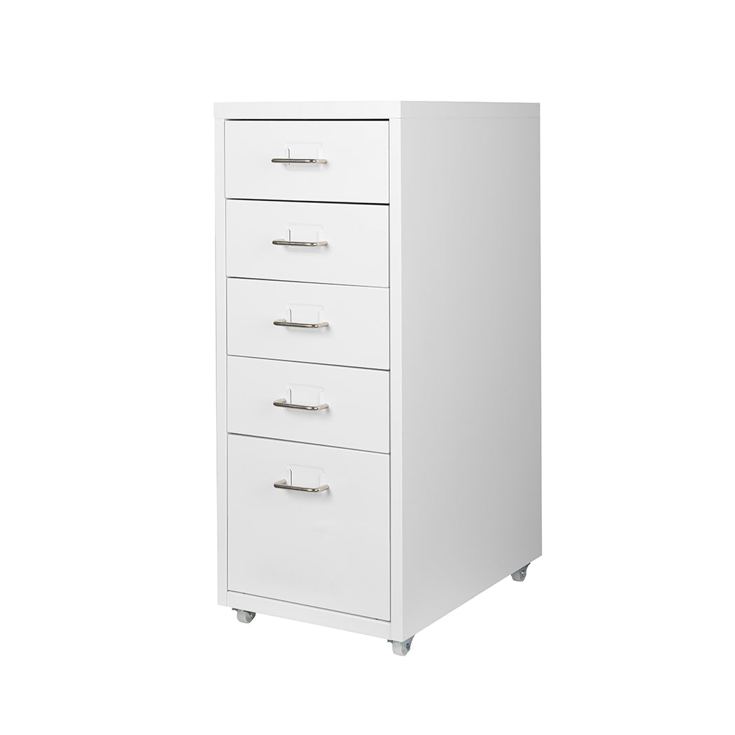 5 Drawer Steel Office Filing Cabinet with Wheels and Label Holders - White - Rivercity House & Home Co. (ABN 18 642 972 209) - Affordable Modern Furniture Australia