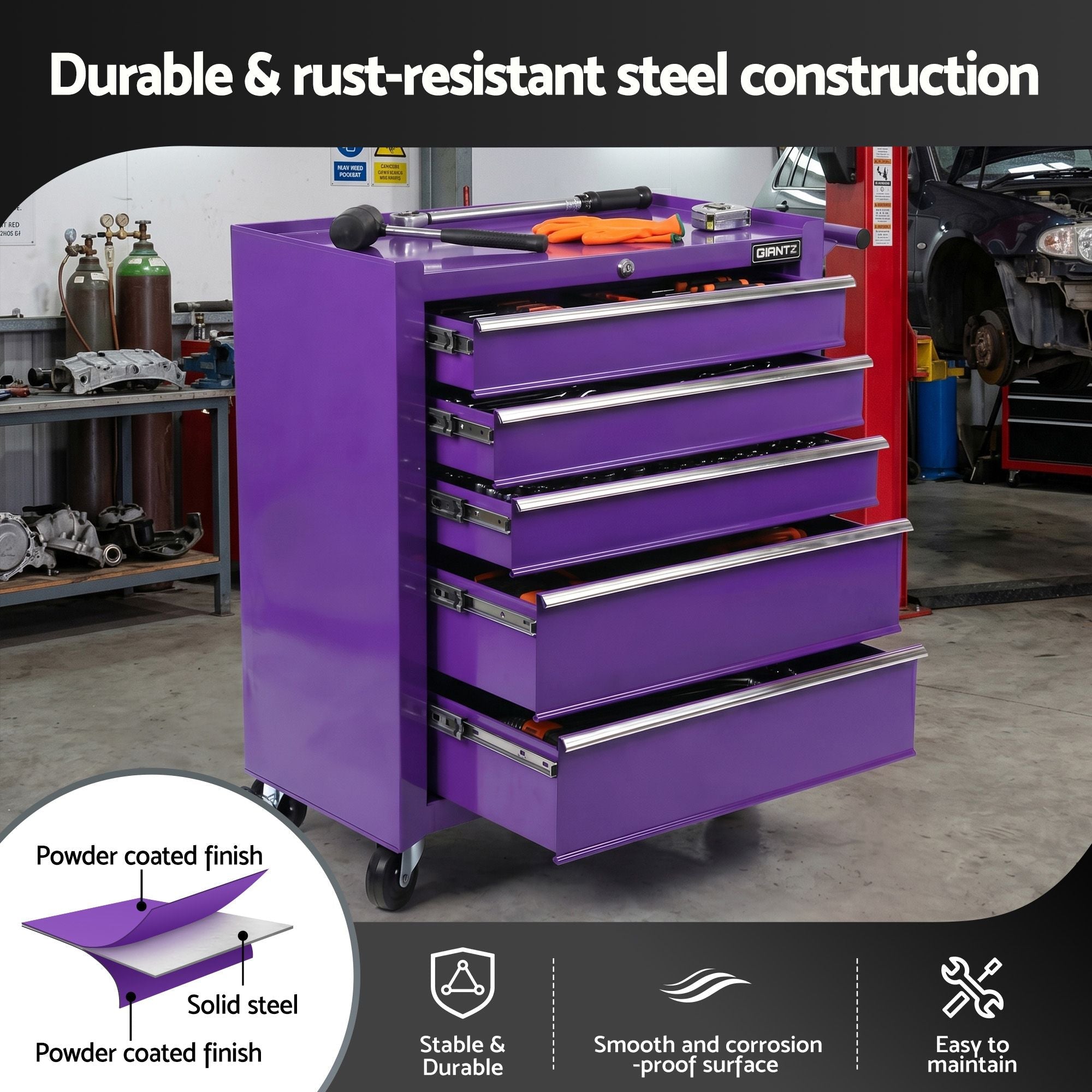 5 Drawer Tool Chest Trolley Cabinet Toolbox Heavy Duty Garage Storage Organiser Purple - Tools > Tools Storage > Utility Trolleys - Rivercity House & Home Co. (ABN 18 642 972 209) - Affordable Modern Furniture Australia