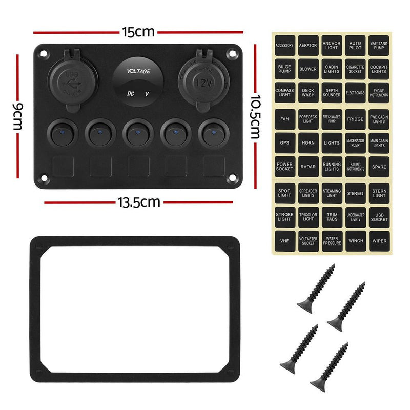 5 Gang 12V Switch Panel For Car Boat Marine USB ON - OFF LED Rocker Toggle - Outdoor > Boating - Rivercity House & Home Co. (ABN 18 642 972 209) - Affordable Modern Furniture Australia