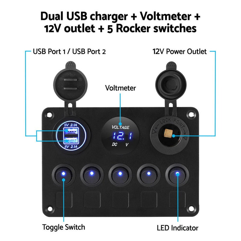 5 Gang 12V Switch Panel For Car Boat Marine USB ON - OFF LED Rocker Toggle - Outdoor > Boating - Rivercity House & Home Co. (ABN 18 642 972 209) - Affordable Modern Furniture Australia