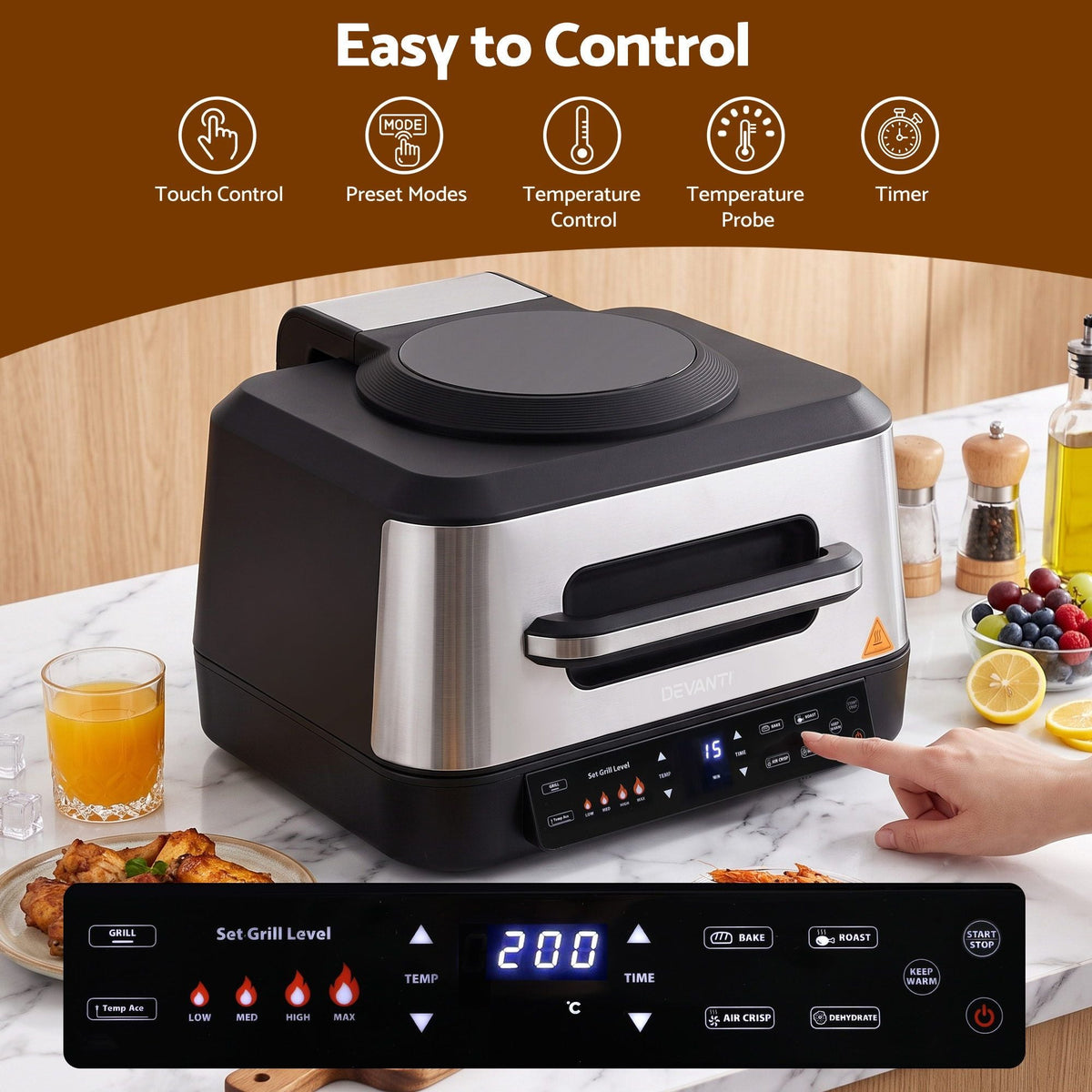 5-in-1 Electric BBQ Grill and Air Fryer with 8L Capacity and Smart Thermometer, 2200W - Appliances > Kitchen Appliances > Air Fryers - Rivercity House & Home Co. (ABN 18 642 972 209) - Affordable Modern Furniture Australia