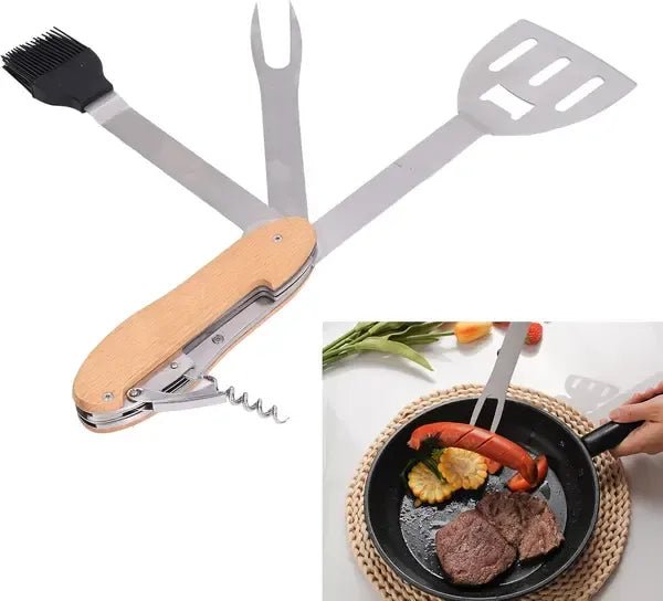 5-in-1 Foldable Stainless Steel BBQ Grill Multitool with Spatula, Fork and Bottle Opener for Camping and Backyard Grilling - Home & Garden > BBQ > BBQ Tools - Rivercity House & Home Co. (ABN 18 642 972 209) - Affordable Modern Furniture Australia