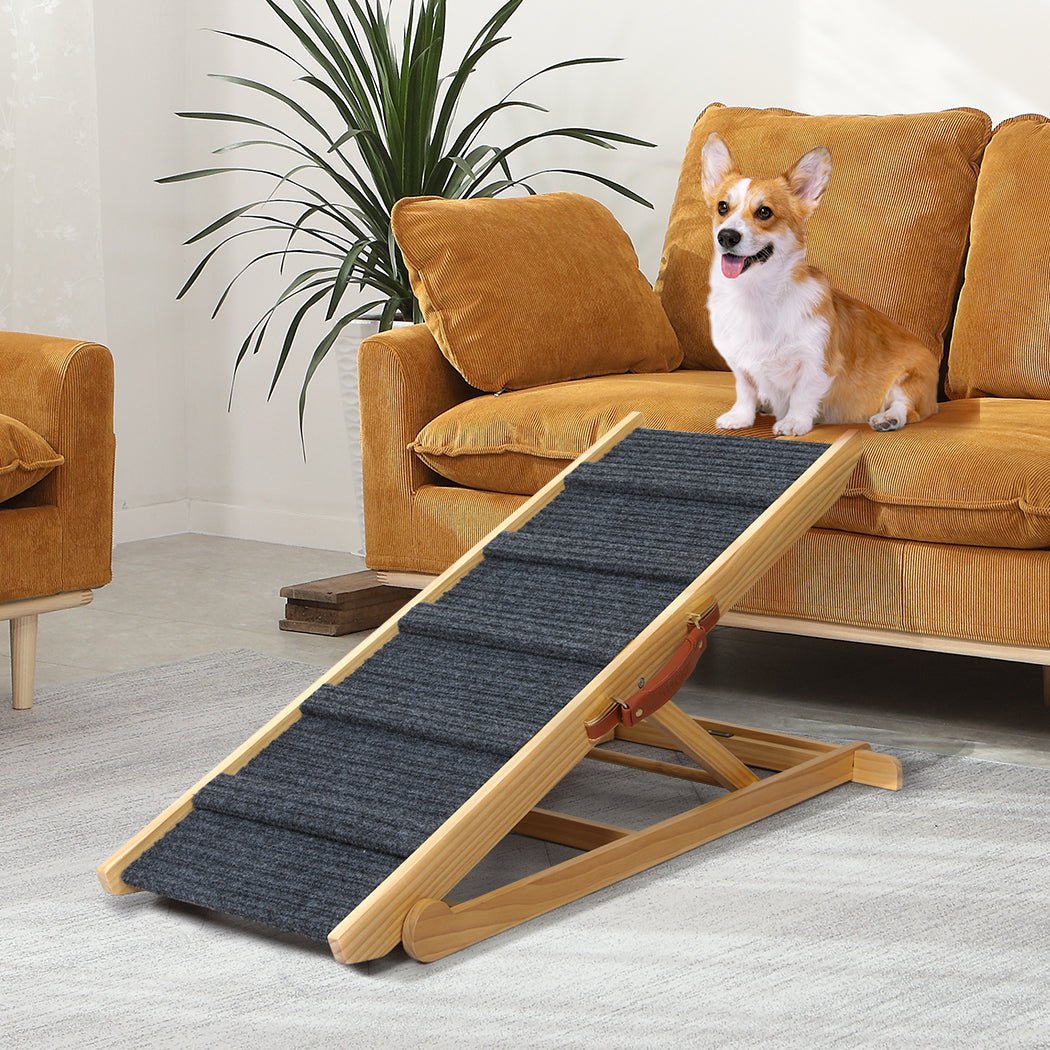 5 - Level Adjustable Height Wood Pet Ramp with Handle - Wood & Greige - Rivercity House & Home Co. (ABN 18 642 972 209) - Affordable Modern Furniture Australia