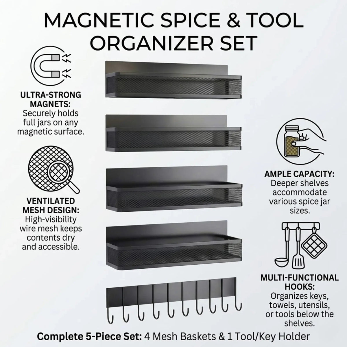 5 Pack Magnetic Spice Rack with Hook Bar for Fridge Kitchen - Black - Home & Garden > Kitchenware > Food Storage - Rivercity House & Home Co. (ABN 18 642 972 209) - Affordable Modern Furniture Australia