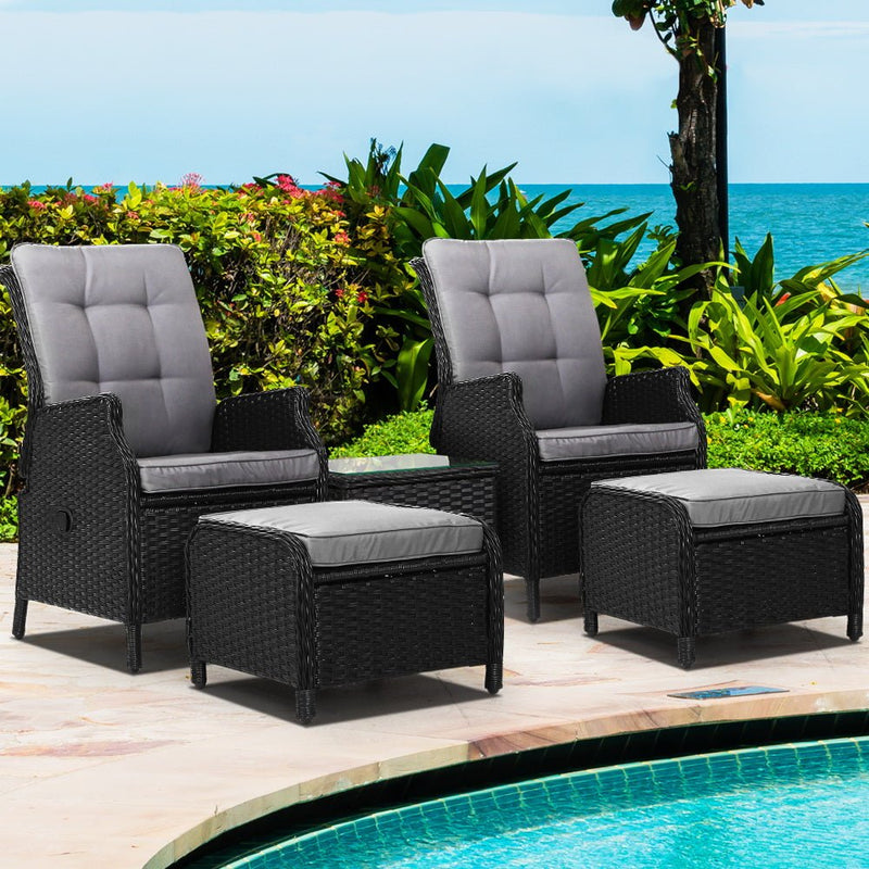 5 Piece Elizabeth Wicker Recliner Chairs and Table Package with Ottomans (Black) - Rivercity House & Home Co. (ABN 18 642 972 209) - Affordable Modern Furniture Australia