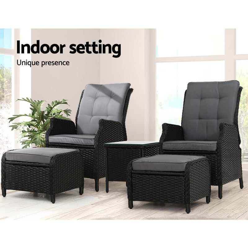 5 Piece Elizabeth Wicker Recliner Chairs and Table Package with Ottomans (Black) - Rivercity House & Home Co. (ABN 18 642 972 209) - Affordable Modern Furniture Australia