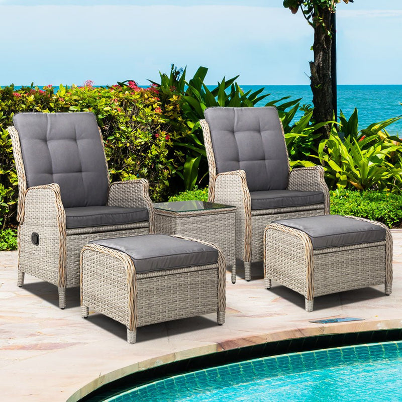 5 Piece Elizabeth Wicker Recliner Chairs and Table Package with Ottomans (Grey) - Rivercity House & Home Co. (ABN 18 642 972 209) - Affordable Modern Furniture Australia