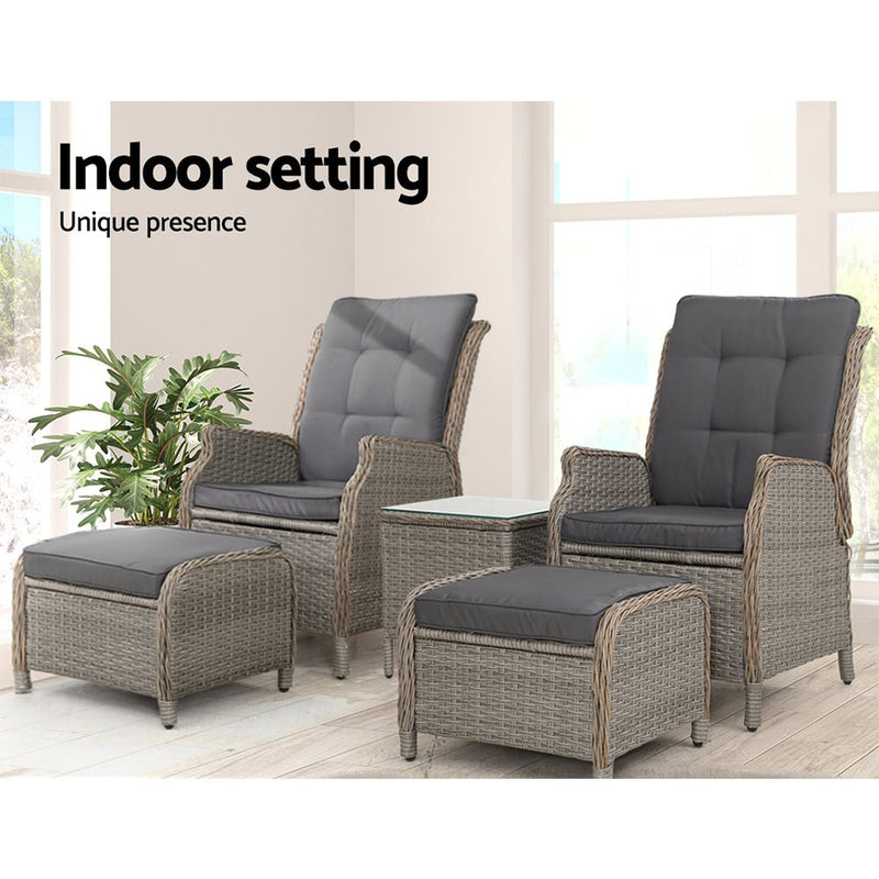 5 Piece Elizabeth Wicker Recliner Chairs and Table Package with Ottomans (Grey) - Rivercity House & Home Co. (ABN 18 642 972 209) - Affordable Modern Furniture Australia