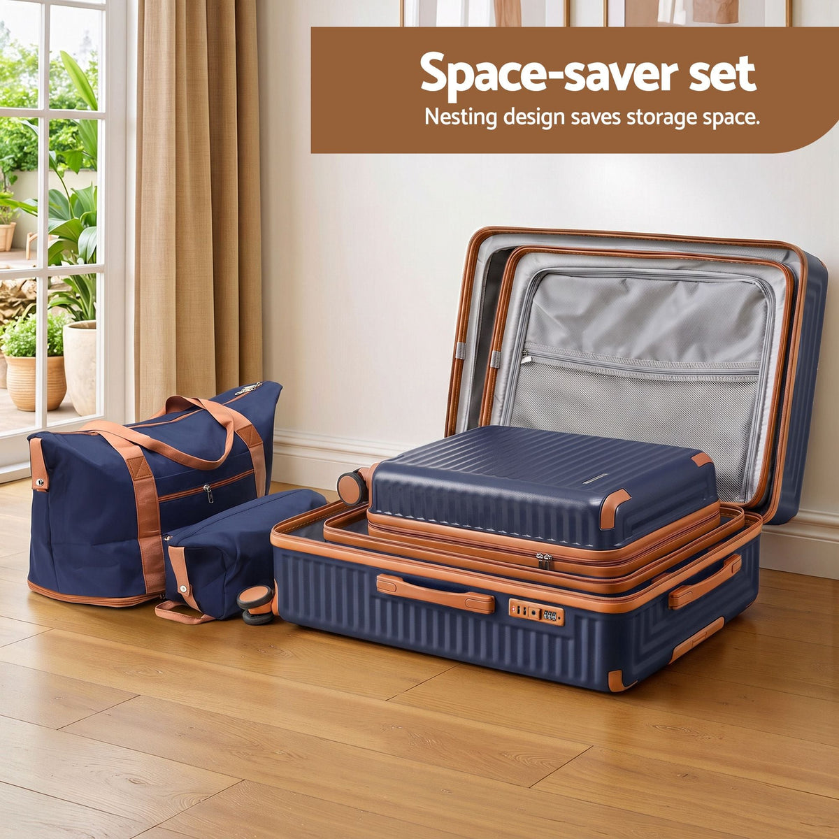 5-Piece Lightweight Hard Case Luggage Suitcase Set with TSA Locks - Navy Brown - Home & Garden > Travel > Suitcases - Rivercity House & Home Co. (ABN 18 642 972 209) - Affordable Modern Furniture Australia