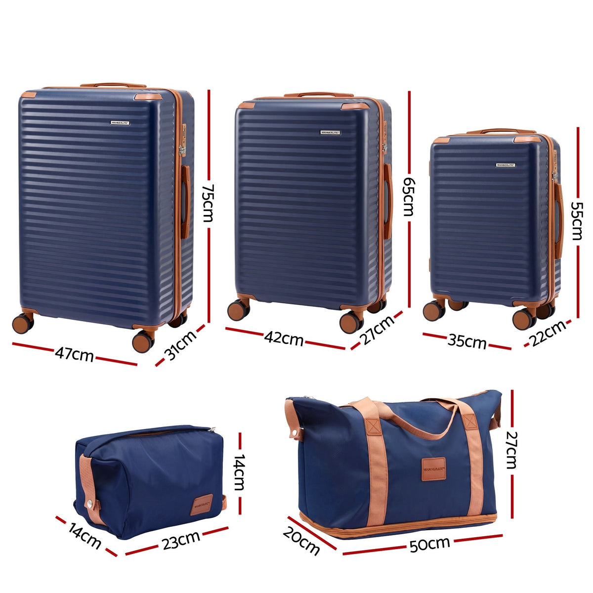 5-Piece Lightweight Hard Case Luggage Suitcase Set with TSA Locks - Navy Brown - Home & Garden > Travel > Suitcases - Rivercity House & Home Co. (ABN 18 642 972 209) - Affordable Modern Furniture Australia