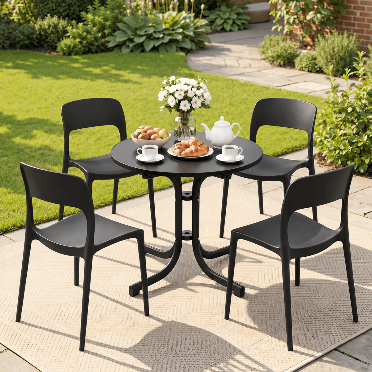 5-Piece Outdoor Dining Set with Foldable Table and Stackable Chairs - Black - Furniture > Outdoor > Outdoor Dining Sets - Rivercity House & Home Co. (ABN 18 642 972 209) - Affordable Modern Furniture Australia