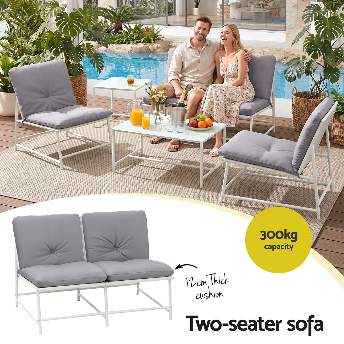 5-Piece Outdoor Sofa Set with Cushions, Table and Chairs - White - Furniture > Outdoor > Outdoor Sofas & Lounge Sets - Rivercity House & Home Co. (ABN 18 642 972 209) - Affordable Modern Furniture Australia