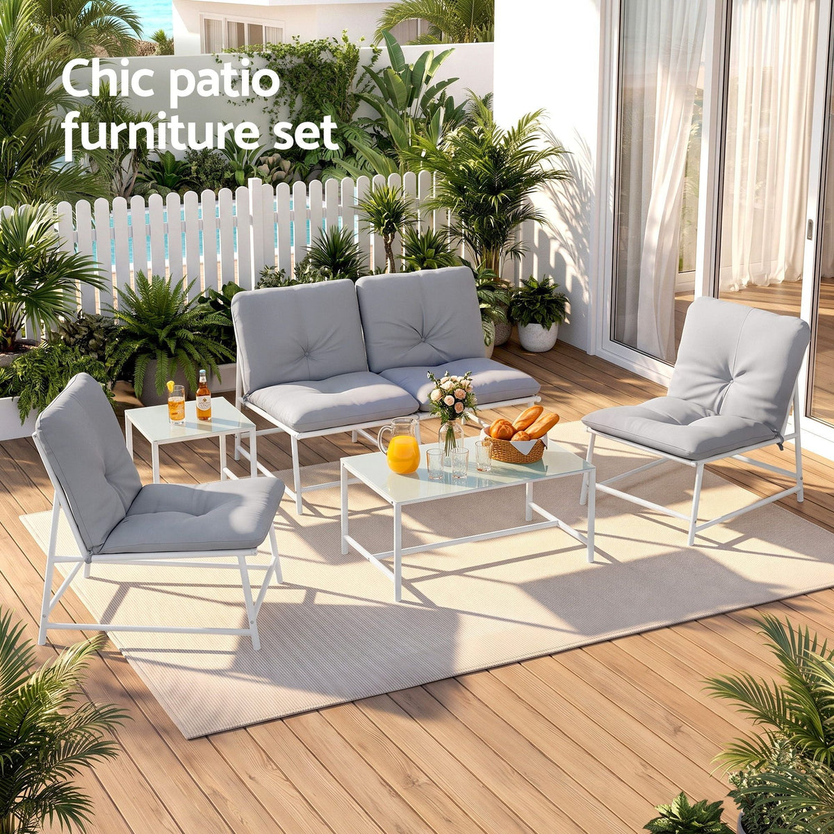5-Piece Outdoor Sofa Set with Cushions, Table and Chairs - White - Furniture > Outdoor > Outdoor Sofas & Lounge Sets - Rivercity House & Home Co. (ABN 18 642 972 209) - Affordable Modern Furniture Australia