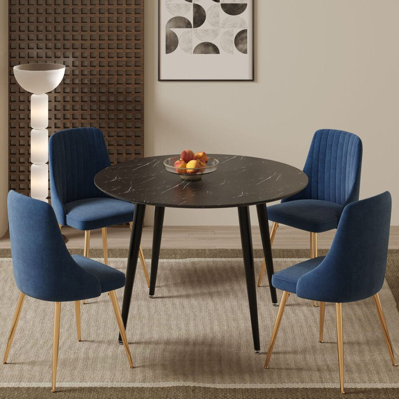 5 Piece Round Black Dining Table and Blue Velvet Chair Set - Furniture > Outdoor - Rivercity House & Home Co. (ABN 18 642 972 209) - Affordable Modern Furniture Australia