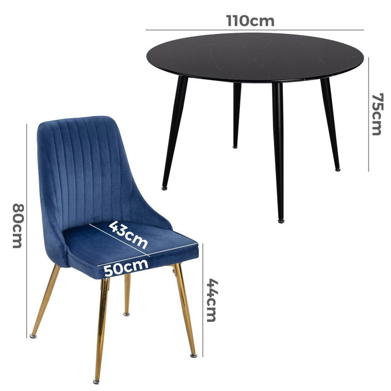 5 Piece Round Black Dining Table and Blue Velvet Chair Set - Furniture > Outdoor - Rivercity House & Home Co. (ABN 18 642 972 209) - Affordable Modern Furniture Australia