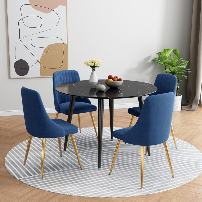 5 Piece Round Black Dining Table and Blue Velvet Chair Set - Furniture > Outdoor - Rivercity House & Home Co. (ABN 18 642 972 209) - Affordable Modern Furniture Australia