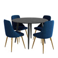 5 Piece Round Black Dining Table and Blue Velvet Chair Set