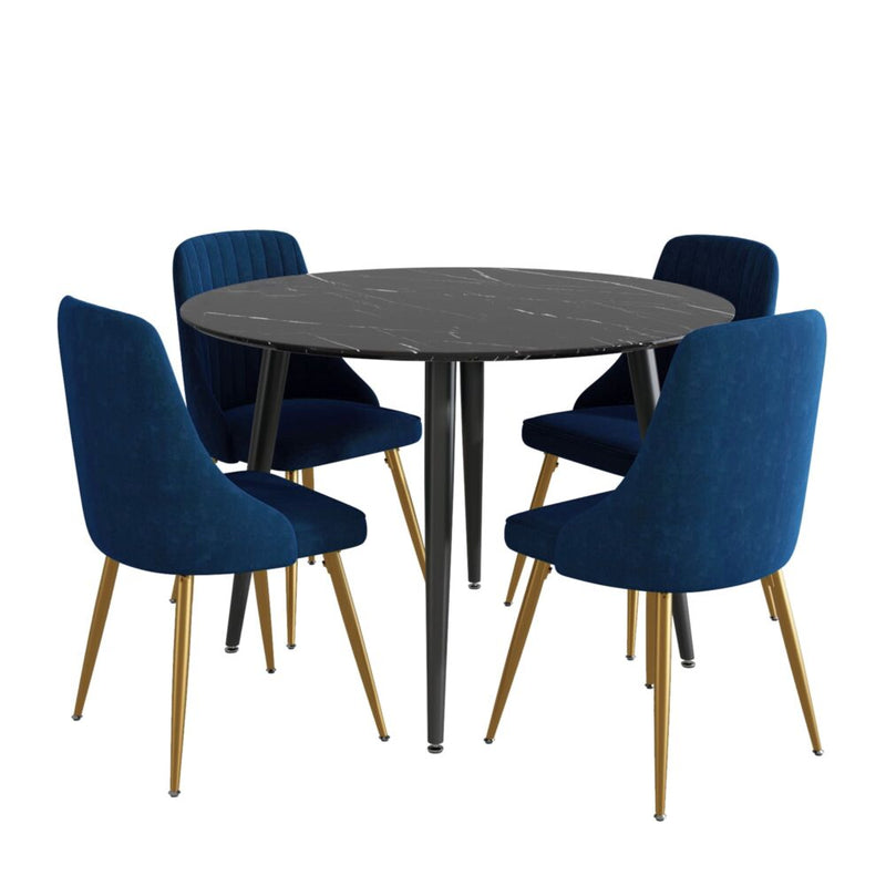 5 Piece Round Black Dining Table and Blue Velvet Chair Set - Furniture > Outdoor - Rivercity House & Home Co. (ABN 18 642 972 209) - Affordable Modern Furniture Australia