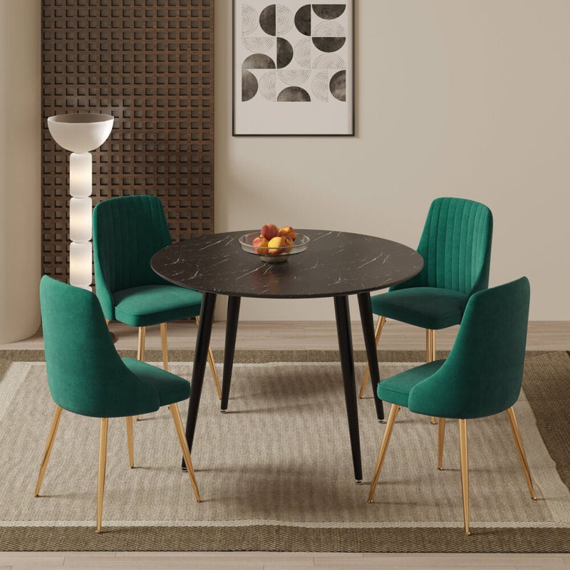 5 Piece Round Black Dining Table and Green Velvet Chair Set - Furniture > Outdoor - Rivercity House & Home Co. (ABN 18 642 972 209) - Affordable Modern Furniture Australia