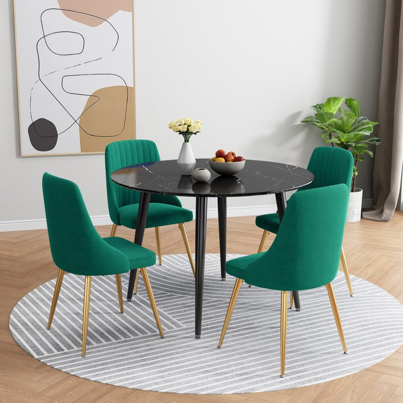 5 Piece Round Black Dining Table and Green Velvet Chair Set - Furniture > Outdoor - Rivercity House & Home Co. (ABN 18 642 972 209) - Affordable Modern Furniture Australia