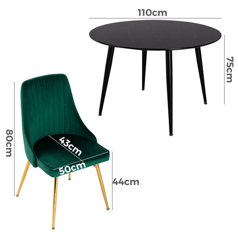 5 Piece Round Black Dining Table and Green Velvet Chair Set - Furniture > Outdoor - Rivercity House & Home Co. (ABN 18 642 972 209) - Affordable Modern Furniture Australia