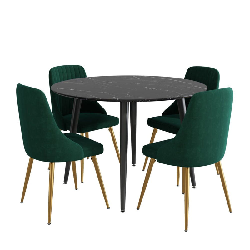 5 Piece Round Black Dining Table and Green Velvet Chair Set - Furniture > Outdoor - Rivercity House & Home Co. (ABN 18 642 972 209) - Affordable Modern Furniture Australia