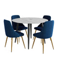 5 Piece Round Marble Style Dining Table and Blue Velvet Chair Set