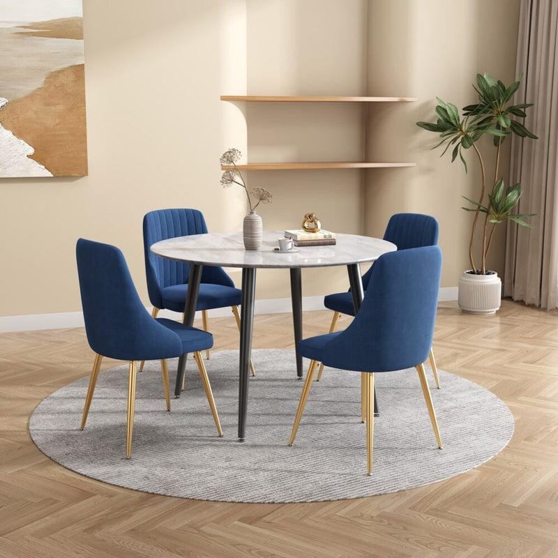 5 Piece Round Marble Style Dining Table and Blue Velvet Chair Set - Furniture > Outdoor - Rivercity House & Home Co. (ABN 18 642 972 209) - Affordable Modern Furniture Australia