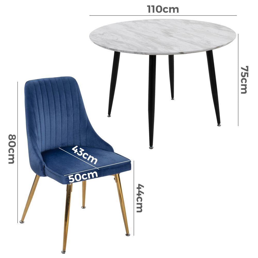 5 Piece Round Marble Style Dining Table and Blue Velvet Chair Set - Furniture > Outdoor - Rivercity House & Home Co. (ABN 18 642 972 209) - Affordable Modern Furniture Australia