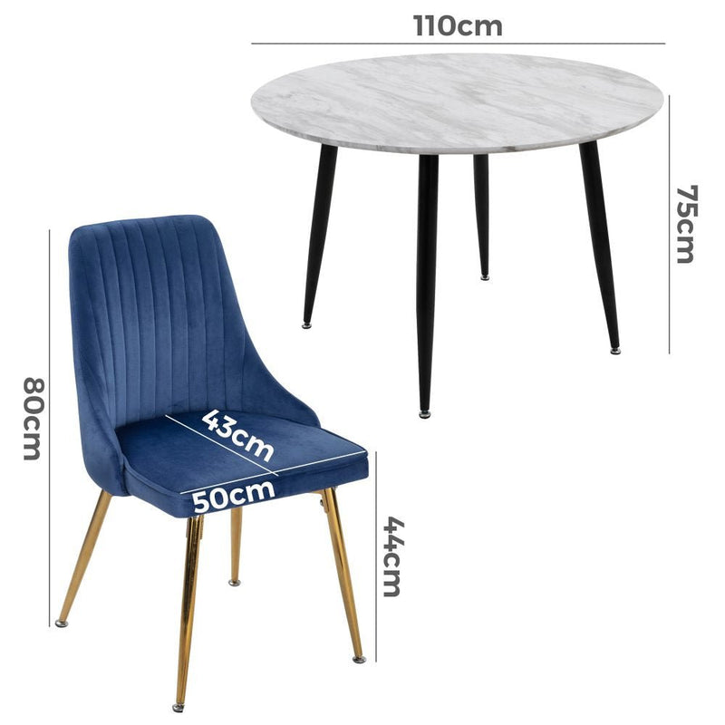 5 Piece Round Marble Style Dining Table and Blue Velvet Chair Set - Furniture > Outdoor - Rivercity House & Home Co. (ABN 18 642 972 209) - Affordable Modern Furniture Australia