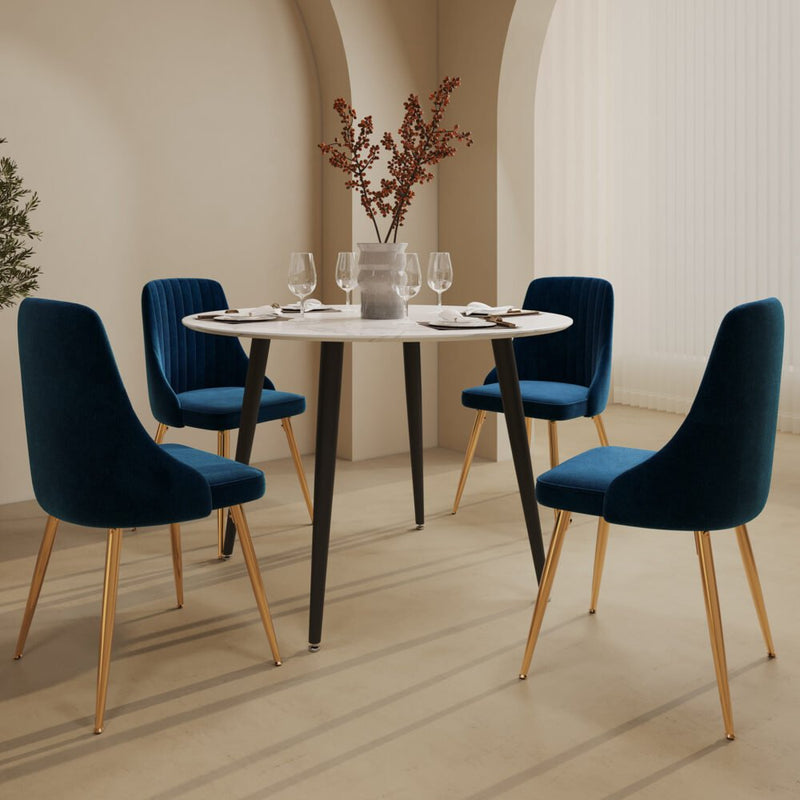 5 Piece Round Marble Style Dining Table and Blue Velvet Chair Set - Furniture > Outdoor - Rivercity House & Home Co. (ABN 18 642 972 209) - Affordable Modern Furniture Australia