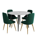 5 Piece Round Marble Style Dining Table and Green Velvet Chair Set