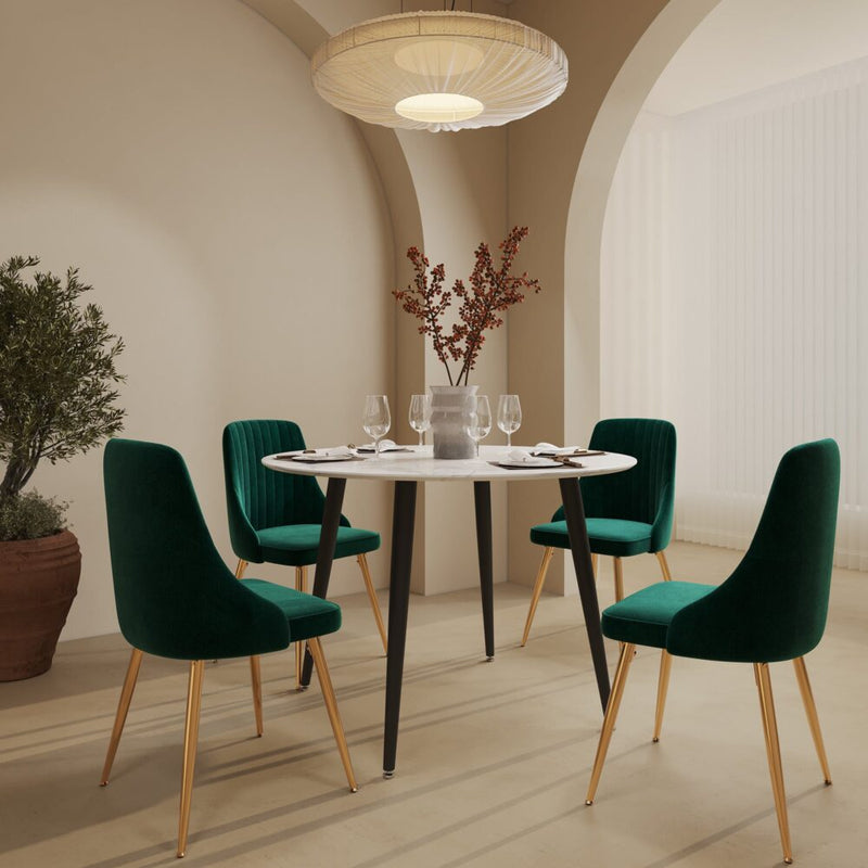 5 Piece Round Marble Style Dining Table and Green Velvet Chair Set - Furniture > Outdoor - Rivercity House & Home Co. (ABN 18 642 972 209) - Affordable Modern Furniture Australia