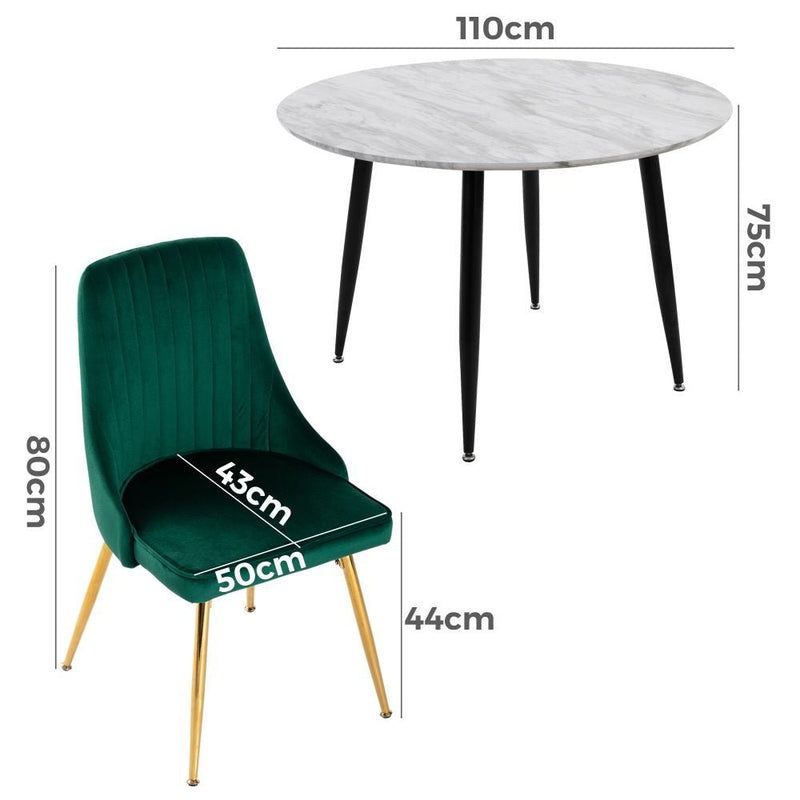 5 Piece Round Marble Style Dining Table and Green Velvet Chair Set - Furniture > Outdoor - Rivercity House & Home Co. (ABN 18 642 972 209) - Affordable Modern Furniture Australia